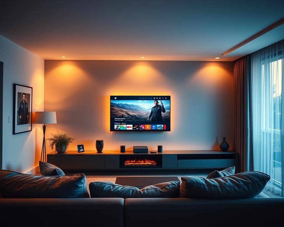 A breathtaking view of a modern living room, illuminated by soft, warm lighting that casts a cozy glow. In the foreground, a sleek, wall-mounted TV showcases vibrant, crystal-clear IPTV entertainment, with a variety of channels and on-demand content. In the middle ground, a comfortable sofa invites viewers to sit back and enjoy the immersive experience. The background features a minimalist, yet stylish decor, with clean lines and muted tones that create a serene and inviting atmosphere. The overall scene conveys the key benefits of IPTV in the United Kingdom - a seamless, high-quality entertainment experience that elevates the home viewing experience. A breathtaking view of a modern living room, illuminated by soft, warm lighting that casts a cozy glow. In the foreground, a sleek, wall-mounted TV showcases vibrant, crystal-clear IPTV entertainment, with a variety of channels and on-demand content. In the middle ground, a comfortable sofa invites viewers to sit back and enjoy the immersive experience. The background features a minimalist, yet stylish decor, with clean lines and muted tones that create a serene and inviting atmosphere. The overall scene conveys the key benefits of IPTV in the United Kingdom - a seamless, high-quality entertainment experience that elevates the home viewing experience.