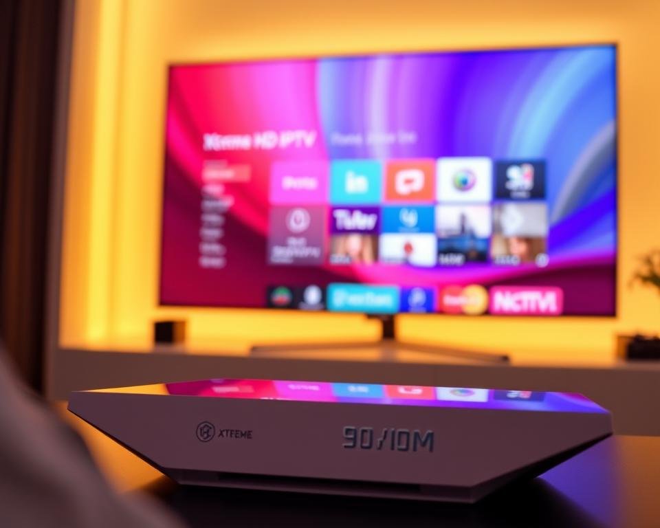 A bright, high-definition television screen showcases a sleek, modern interface with a vibrant color palette. The screen is surrounded by a minimalist, futuristic device with a clean, angular design. The device's user-friendly controls and intuitive navigation invite the viewer to experience the seamless integration of live television and on-demand streaming. The lighting is warm and inviting, creating a cozy atmosphere that enhances the immersive viewing experience. The overall composition conveys a sense of technological sophistication, highlighting the premium quality and cutting-edge features of the Xtreme HD IPTV UK 1-day test.