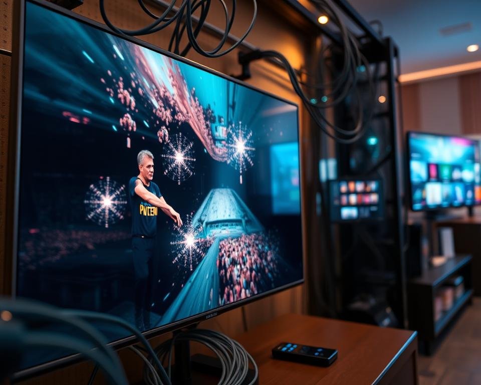 A cinematic close-up of a high-quality IPTV streaming service, showcasing a vibrant, crystal-clear display with sharp details and vivid colors. The foreground features a sleek, modern smart TV interface, with a smooth, responsive playback of a high-definition video. The middle ground captures the underlying network infrastructure, with data streams flowing seamlessly through a web of cables and routers, conveying the reliable, low-latency performance. The background subtly hints at the diverse content available, with hints of popular TV shows, movies, and live channels. The overall scene is bathed in a warm, inviting lighting, creating a sense of immersion and technological sophistication. A cinematic close-up of a high-quality IPTV streaming service, showcasing a vibrant, crystal-clear display with sharp details and vivid colors. The foreground features a sleek, modern smart TV interface, with a smooth, responsive playback of a high-definition video. The middle ground captures the underlying network infrastructure, with data streams flowing seamlessly through a web of cables and routers, conveying the reliable, low-latency performance. The background subtly hints at the diverse content available, with hints of popular TV shows, movies, and live channels. The overall scene is bathed in a warm, inviting lighting, creating a sense of immersion and technological sophistication.