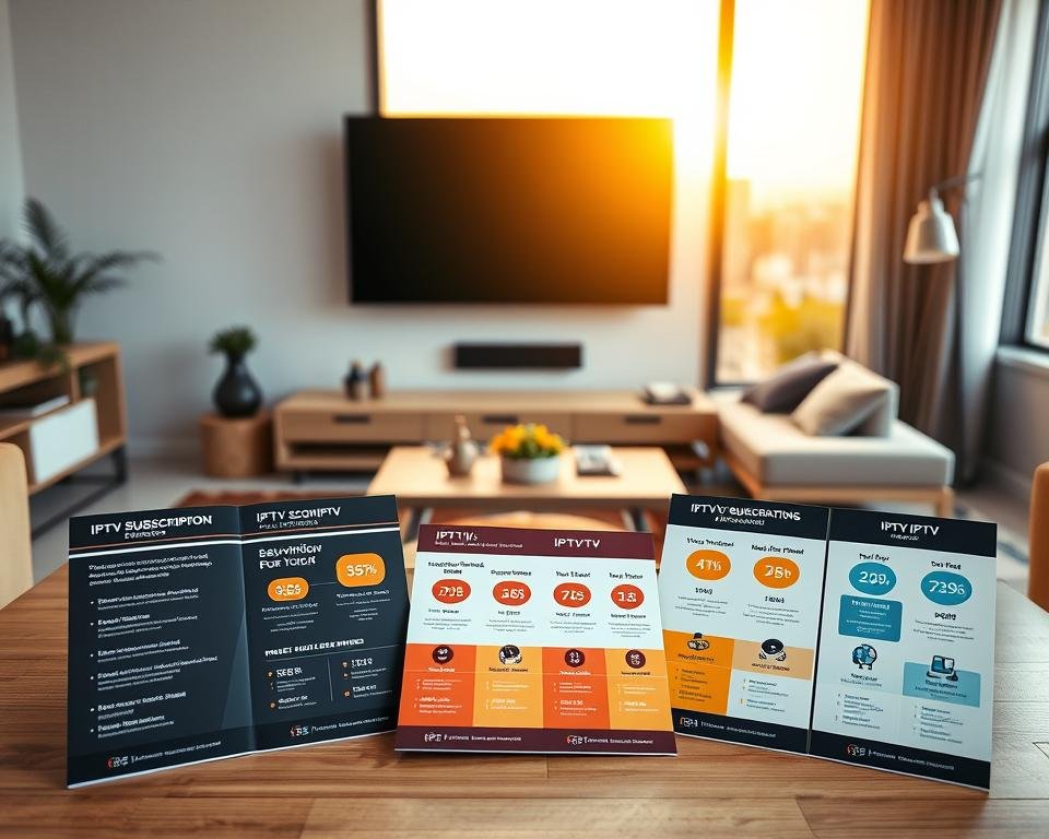 A clean, modern interior with a large flat-screen TV mounted on the wall. In the foreground, a coffee table displays various IPTV subscription plan brochures, each showcasing its unique features and pricing tiers through sleek infographic layouts. The middle ground shows a comfortable living room setup with minimalist furniture and tasteful decor, creating a sense of domestic tranquility. The background features a large window overlooking a vibrant city skyline, bathed in warm, golden natural lighting that filters through the scene. The overall composition conveys a sense of informative clarity and domestic comfort, inviting the viewer to explore the available IPTV options for their home entertainment needs. A clean, modern interior with a large flat-screen TV mounted on the wall. In the foreground, a coffee table displays various IPTV subscription plan brochures, each showcasing its unique features and pricing tiers through sleek infographic layouts. The middle ground shows a comfortable living room setup with minimalist furniture and tasteful decor, creating a sense of domestic tranquility. The background features a large window overlooking a vibrant city skyline, bathed in warm, golden natural lighting that filters through the scene. The overall composition conveys a sense of informative clarity and domestic comfort, inviting the viewer to explore the available IPTV options for their home entertainment needs.