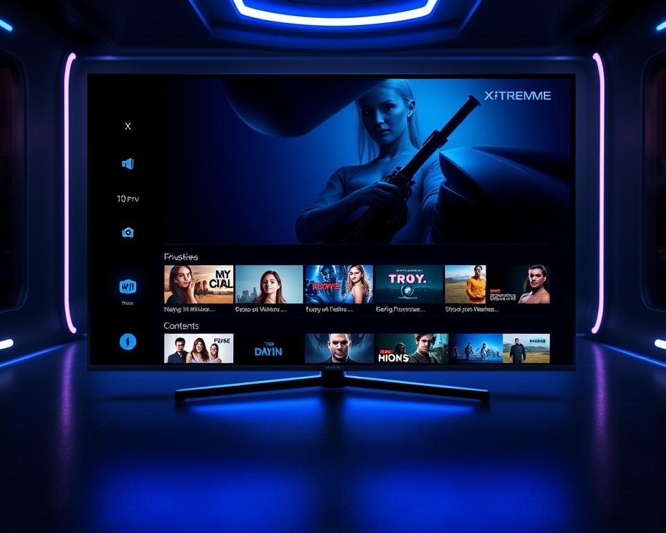 A clean, modern user interface for Xtreme HD UK IPTV, featuring a sleek dark theme with bold blue accents. In the foreground, a widescreen TV display showcases the intuitive menu navigation, with sharp icons and typography. The middle ground features a row of content categories, with high-definition video thumbnails and crisp imagery. The background hints at a futuristic, high-tech ambiance, with subtle lighting and a sense of depth, creating an immersive and visually striking experience. The overall impression is one of a powerful, cutting-edge IPTV platform that prioritizes user-friendliness and visual appeal.