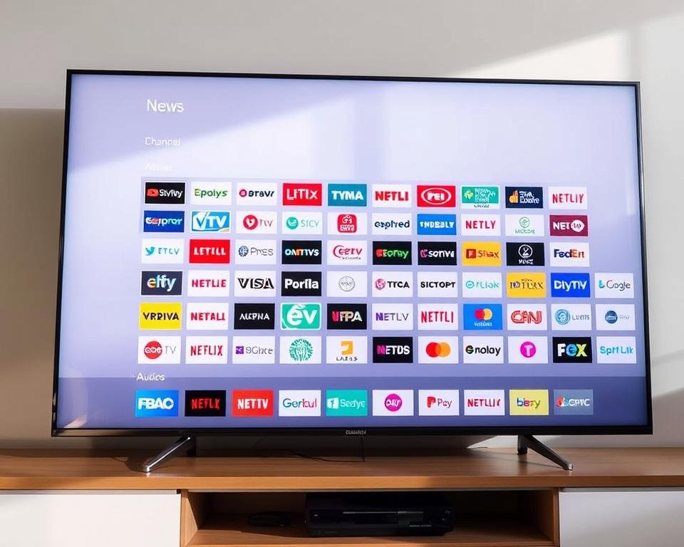 A comprehensive channel lineup for a premium IPTV service, displayed on a sleek, modern TV screen. The screen shows a grid of channel logos, arranged in neat rows and columns, with a clean and minimalist user interface. The channels cover a wide range of genres, including news, sports, movies, entertainment, and more, catering to diverse viewing preferences. The lighting is soft and natural, creating a warm and inviting atmosphere. The camera angle is slightly elevated, providing a clear and unobstructed view of the TV screen and the channel lineup. The overall composition and styling convey a sense of professionalism, quality, and attention to detail, reflecting the high-end nature of the IPTV service.