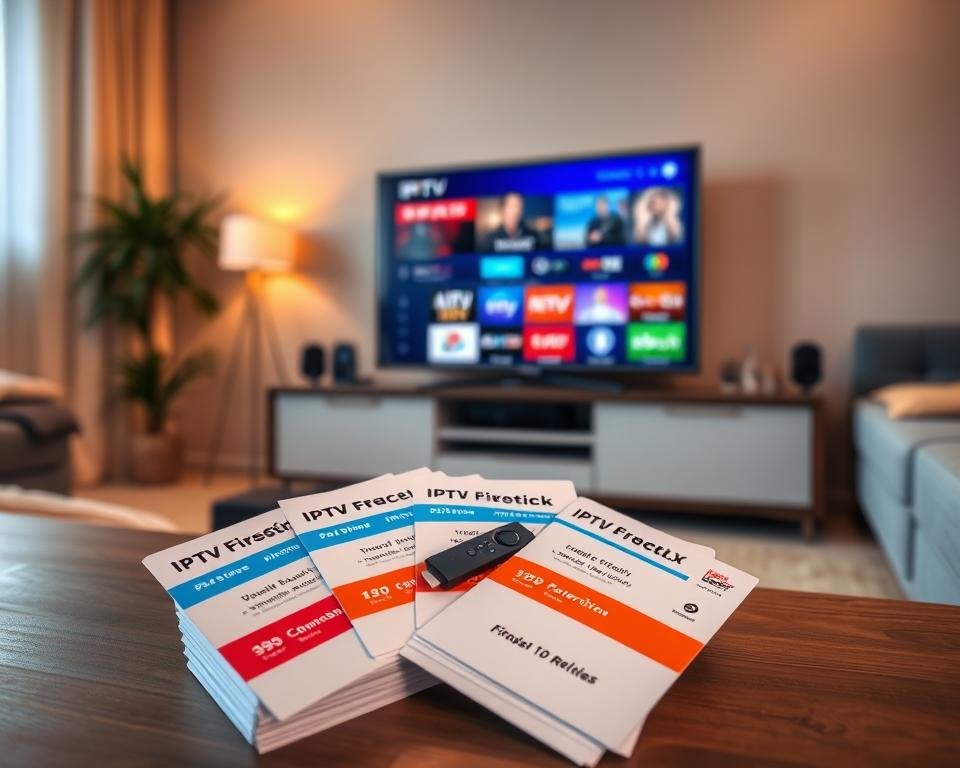 A cozy living room setting, with a Firestick device prominently displayed on a sleek media console. The room is bathed in warm, diffused lighting, creating a welcoming atmosphere. In the foreground, a stack of budget-friendly IPTV subscription cards with various pricing options and service details are neatly arranged, showcasing the affordability and accessibility of these streaming solutions for UK Firestick users. The middle ground features a compact, high-quality television screen displaying a visually appealing IPTV interface, hinting at the extensive content and reliable performance these budget-friendly options can provide. The background subtly suggests a modern, minimalist home decor style, emphasizing the seamless integration of these IPTV services into the everyday living space.