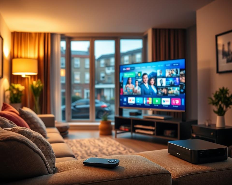 A cozy living room with a high-quality 4K IPTV setup. In the foreground, a modern LED TV displays crisp, vibrant visuals. Surrounding it, sleek media devices and a sophisticated remote control suggest a seamless, user-friendly experience. The middle ground features a comfortable, plush sofa inviting viewers to settle in. Warm, diffused lighting creates a relaxing ambiance, while large windows in the background offer a view of a bustling UK neighborhood, hinting at the convenience of IPTV for households.