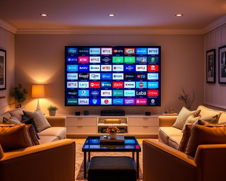 A cozy living room with a large flat-screen TV displaying a diverse array of IPTV channels from the UK. The TV is surrounded by comfortable sofas and armchairs, creating a inviting atmosphere. Warm, diffused lighting illuminates the scene, casting a soft glow on the various channel logos and program thumbnails displayed on the screen. The room is adorned with subtle decor elements, such as potted plants and framed artwork, that complement the modern, yet homely ambiance. The overall composition conveys a sense of relaxation and enjoyment, perfectly capturing the "Extensive Channel Lineup: What We Offer" section of the article. A cozy living room with a large flat-screen TV displaying a diverse array of IPTV channels from the UK. The TV is surrounded by comfortable sofas and armchairs, creating a inviting atmosphere. Warm, diffused lighting illuminates the scene, casting a soft glow on the various channel logos and program thumbnails displayed on the screen. The room is adorned with subtle decor elements, such as potted plants and framed artwork, that complement the modern, yet homely ambiance. The overall composition conveys a sense of relaxation and enjoyment, perfectly capturing the "Extensive Channel Lineup: What We Offer" section of the article.