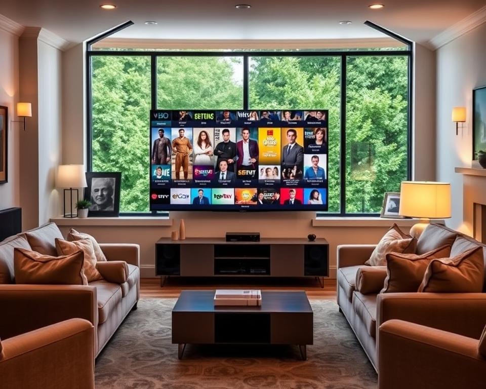 A cozy living room with a large flat-screen TV dominating the foreground, displaying a vibrant collection of popular UK television shows. Plush sofas and armchairs in neutral tones create a comfortable viewing space, while a sleek, modern entertainment system sits below the TV. Soft, warm lighting from lamps and sconces sets a relaxing mood, and a large window in the background offers a glimpse of a lush, green outdoor scene, hinting at the seamless integration of technology and nature. The overall atmosphere conveys the ease and convenience of accessing a wide variety of UK TV content from the comfort of one's own home.