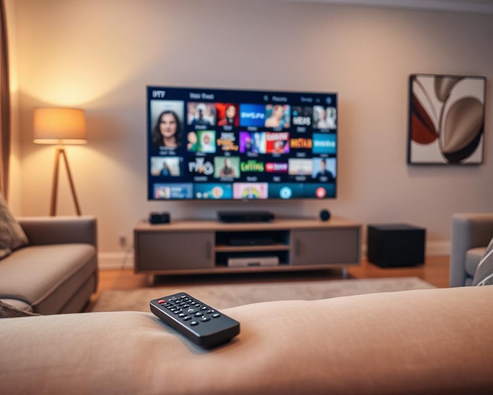 A cozy living room with a large flat-screen TV taking center stage, displaying an array of on-demand content from a UK IPTV service. The room is bathed in warm, soft lighting, creating a welcoming atmosphere. In the foreground, a sleek remote control lies on a plush, neutral-toned sofa, hinting at the user's ability to easily navigate the extensive library of shows, movies, and live channels. The middle ground features a modern, minimal entertainment unit housing various media devices, while the background showcases a tasteful piece of abstract art on the wall, complementing the room's overall aesthetic. The scene conveys a sense of comfort, convenience, and the wealth of entertainment options available through the UK IPTV service. A cozy living room with a large flat-screen TV taking center stage, displaying an array of on-demand content from a UK IPTV service. The room is bathed in warm, soft lighting, creating a welcoming atmosphere. In the foreground, a sleek remote control lies on a plush, neutral-toned sofa, hinting at the user's ability to easily navigate the extensive library of shows, movies, and live channels. The middle ground features a modern, minimal entertainment unit housing various media devices, while the background showcases a tasteful piece of abstract art on the wall, complementing the room's overall aesthetic. The scene conveys a sense of comfort, convenience, and the wealth of entertainment options available through the UK IPTV service.