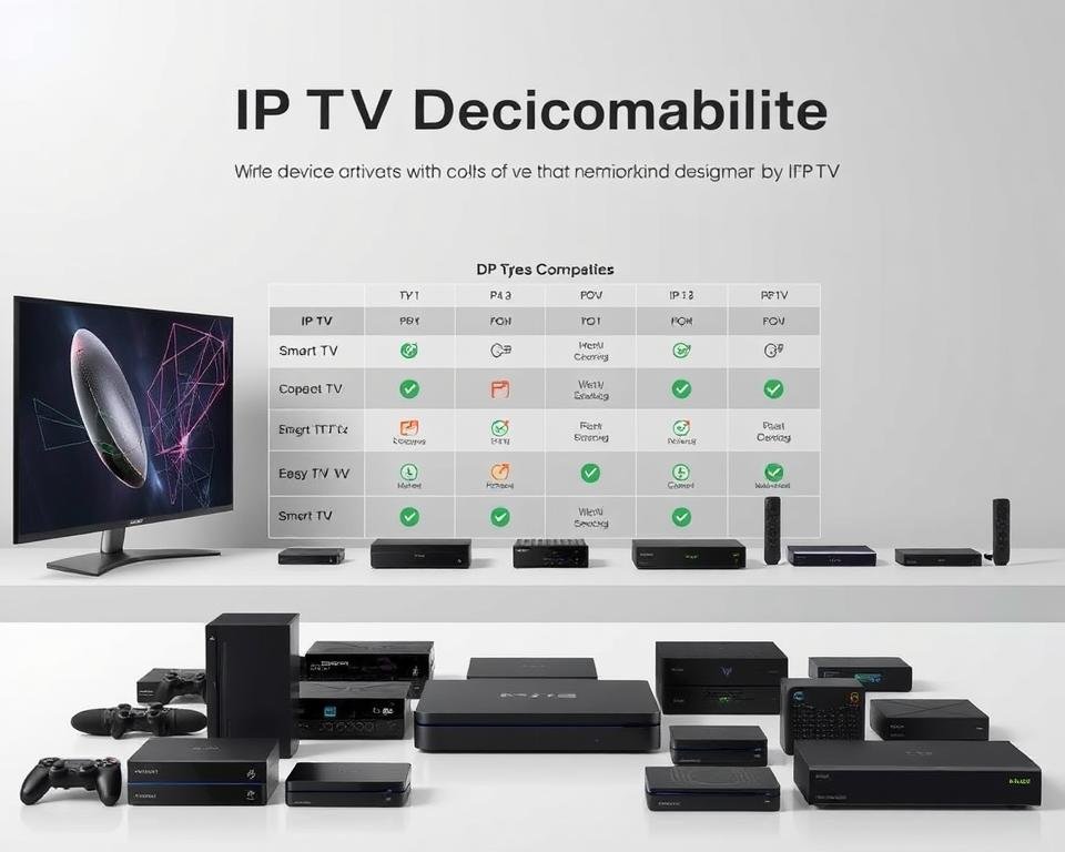 A detailed comparison of IPTV device compatibility, showcasing various streaming devices and set-top boxes. In the foreground, an array of devices including smart TVs, gaming consoles, and media players are neatly arranged, their logos and brand names clearly visible. In the middle ground, a grid-like layout highlights the compatibility of each device with the IPTV service, using intuitive icons and color-coding to indicate support. The background features a sleek, minimalist design with clean lines and a muted color palette, creating a professional and informative atmosphere. Soft, directional lighting emphasizes the technical details and enhances the overall visual clarity. A detailed comparison of IPTV device compatibility, showcasing various streaming devices and set-top boxes. In the foreground, an array of devices including smart TVs, gaming consoles, and media players are neatly arranged, their logos and brand names clearly visible. In the middle ground, a grid-like layout highlights the compatibility of each device with the IPTV service, using intuitive icons and color-coding to indicate support. The background features a sleek, minimalist design with clean lines and a muted color palette, creating a professional and informative atmosphere. Soft, directional lighting emphasizes the technical details and enhances the overall visual clarity.