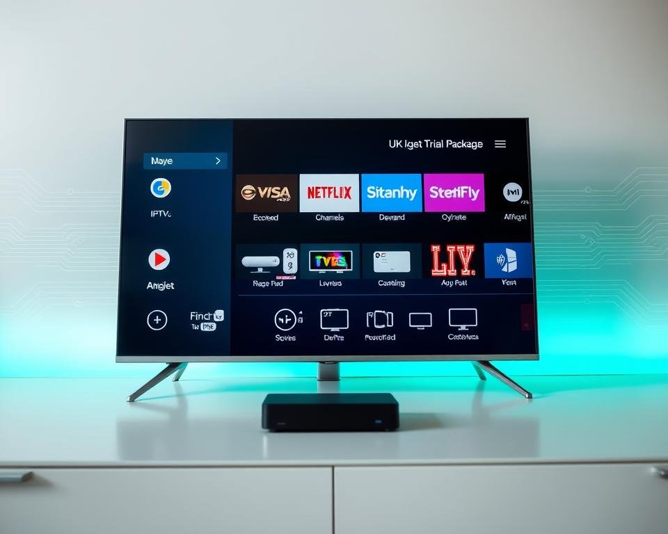 A detailed, high-quality image of the "UK IPTV trial package features" showcased against a clean, modern background. The foreground should prominently display a sleek, minimalist UI design highlighting the key features of the trial package, such as live TV channels, on-demand content, and DVR capabilities. The middle ground could include device compatibility icons, demonstrating the package's cross-platform support. The background should convey a sense of digital technology, with subtle patterns or gradients complementing the overall aesthetic. Utilize natural lighting and a slightly low camera angle to create a visually striking and informative composition. A detailed, high-quality image of the "UK IPTV trial package features" showcased against a clean, modern background. The foreground should prominently display a sleek, minimalist UI design highlighting the key features of the trial package, such as live TV channels, on-demand content, and DVR capabilities. The middle ground could include device compatibility icons, demonstrating the package's cross-platform support. The background should convey a sense of digital technology, with subtle patterns or gradients complementing the overall aesthetic. Utilize natural lighting and a slightly low camera angle to create a visually striking and informative composition.