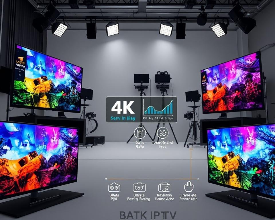 A detailed side-by-side comparison of high-quality IPTV streaming services, showcasing their distinctive video and audio quality. In the foreground, multiple 4K video screens displaying vibrant, crisp images with accurate colors and deep blacks. In the middle ground, a series of icons and graphs highlighting technical specifications like bitrate, resolution, and frame rate. In the background, a clean, minimalist studio setup with professional lighting and camera equipment, conveying a sense of authority and expertise. The overall mood is informative and visually compelling, inviting the viewer to assess the relative merits of the IPTV options.
