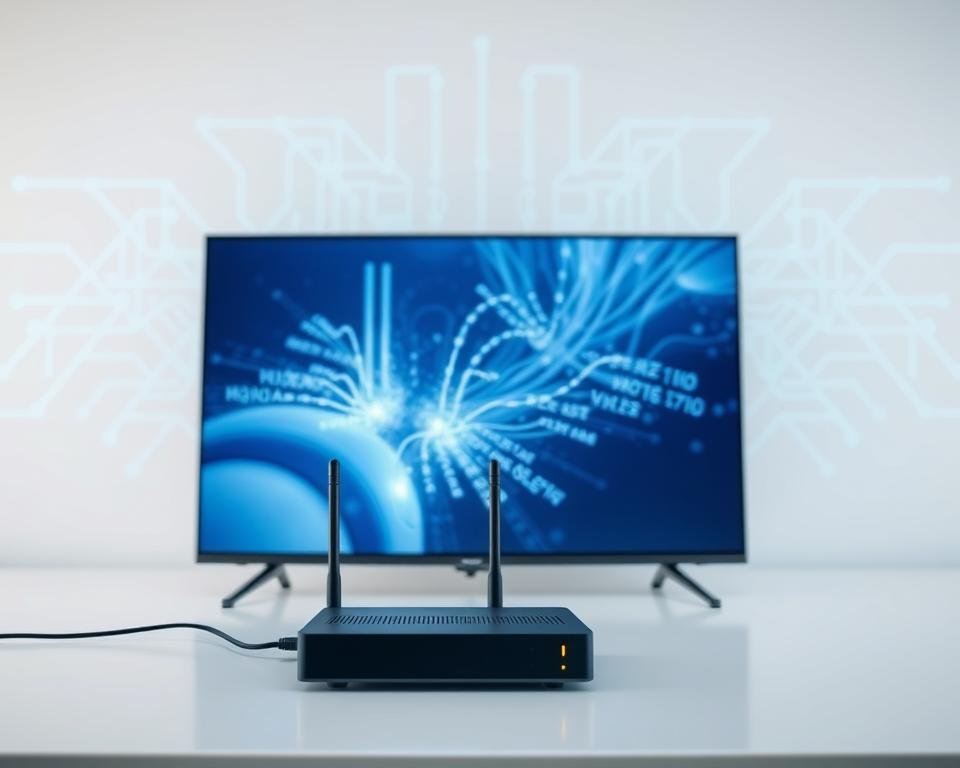 A detailed, technically accurate illustration of IPTV technology. In the foreground, a sleek, modern internet-connected smart TV displaying a crisp, high-definition video stream. In the middle ground, a network router, modem, and streaming device, all seamlessly integrated. In the background, a visualization of the internet infrastructure, with data packets flowing through cables and wireless signals. The lighting is clean and bright, emphasizing the high-tech, futuristic nature of the scene. The camera angle is slightly elevated, providing an expansive, comprehensive view of the IPTV system. The overall mood is one of technological sophistication and the promise of unlimited entertainment and information at the user's fingertips. A detailed, technically accurate illustration of IPTV technology. In the foreground, a sleek, modern internet-connected smart TV displaying a crisp, high-definition video stream. In the middle ground, a network router, modem, and streaming device, all seamlessly integrated. In the background, a visualization of the internet infrastructure, with data packets flowing through cables and wireless signals. The lighting is clean and bright, emphasizing the high-tech, futuristic nature of the scene. The camera angle is slightly elevated, providing an expansive, comprehensive view of the IPTV system. The overall mood is one of technological sophistication and the promise of unlimited entertainment and information at the user's fingertips.