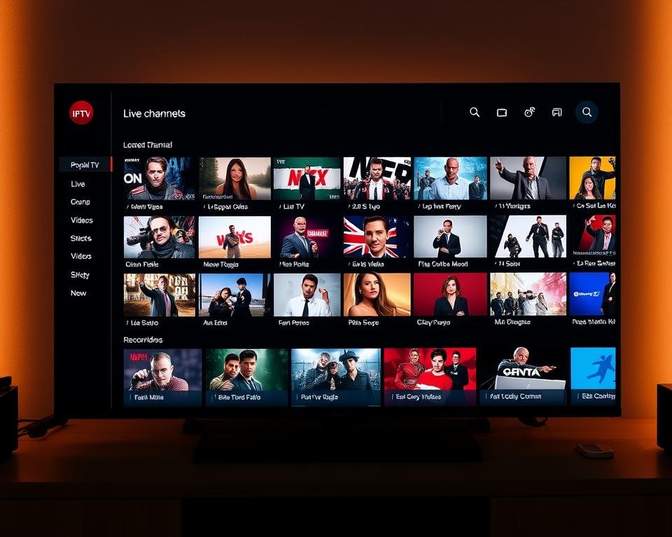A digital interface for a UK IPTV provider, featuring a sleek and intuitive design with a dark color scheme. The main screen showcases a grid of popular live TV channels, with thumbnails and channel names displayed clearly. A sidebar menu allows easy navigation through different content categories, such as live TV, on-demand videos, and recordings. The interface is illuminated by warm, ambient lighting, creating a cozy and immersive viewing experience. The layout is well-organized, with clean lines and a minimalist aesthetic, allowing the user to focus on the content. The overall presentation conveys a sense of professionalism and reliability, reflecting the high-quality IPTV service offered.