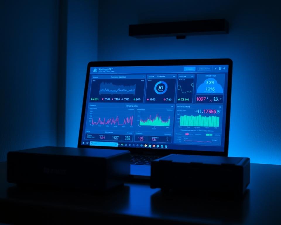 A dimly lit room, a desk with a laptop displaying a comprehensive IPTV streaming quality test dashboard. The screen shows real-time data visualizations of bitrate, resolution, frame rate, latency, and other key performance metrics. The display is bathed in a cool blue glow, casting dramatic shadows across the desktop. A modern, high-end video capture device sits alongside the laptop, its sleek metallic casing gleaming under the soft lighting. The overall scene conveys a sense of technical expertise and in-depth analysis, perfectly suited to illustrate the "Streaming Quality and Performance Analysis" section of the article. A dimly lit room, a desk with a laptop displaying a comprehensive IPTV streaming quality test dashboard. The screen shows real-time data visualizations of bitrate, resolution, frame rate, latency, and other key performance metrics. The display is bathed in a cool blue glow, casting dramatic shadows across the desktop. A modern, high-end video capture device sits alongside the laptop, its sleek metallic casing gleaming under the soft lighting. The overall scene conveys a sense of technical expertise and in-depth analysis, perfectly suited to illustrate the "Streaming Quality and Performance Analysis" section of the article.