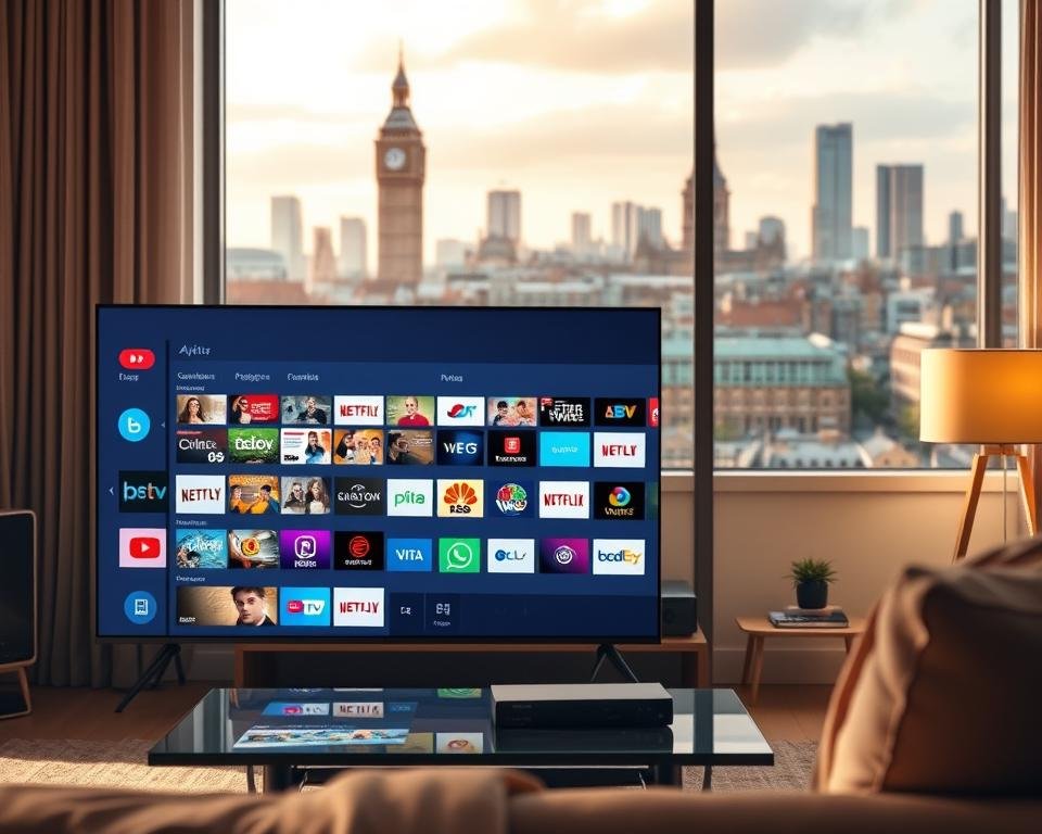 A dynamic comparison of IPTV content variety against traditional television services in the UK. In the foreground, a living room setup with a modern TV displaying a diverse array of streaming options. In the middle ground, icons representing various IPTV channels and on-demand content. In the background, a cityscape with buildings and landmarks symbolizing the traditional broadcast television infrastructure. The scene is lit by a warm, natural light, creating a cozy, inviting atmosphere. The composition emphasizes the contrast between the flexibility and content diversity of IPTV versus the more rigid, linear structure of traditional television. A dynamic comparison of IPTV content variety against traditional television services in the UK. In the foreground, a living room setup with a modern TV displaying a diverse array of streaming options. In the middle ground, icons representing various IPTV channels and on-demand content. In the background, a cityscape with buildings and landmarks symbolizing the traditional broadcast television infrastructure. The scene is lit by a warm, natural light, creating a cozy, inviting atmosphere. The composition emphasizes the contrast between the flexibility and content diversity of IPTV versus the more rigid, linear structure of traditional television.
