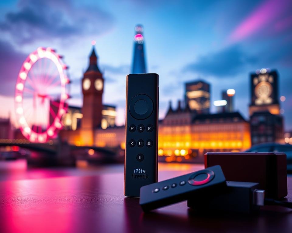 A futuristic IPTV setup with a sleek Firestick device against a backdrop of the iconic London skyline. The Firestick is showcased prominently, surrounded by cutting-edge technology and vibrant neon lights that accentuate its modern design. The scene conveys a sense of innovation and connectivity, capturing the essence of the best IPTV solutions available in the UK. Warm, cinematic lighting casts a soft glow, creating an atmosphere of comfort and entertainment. The overall composition is balanced, with a focus on the Firestick as the central element, while the cityscape in the background provides a visually striking contrast.
