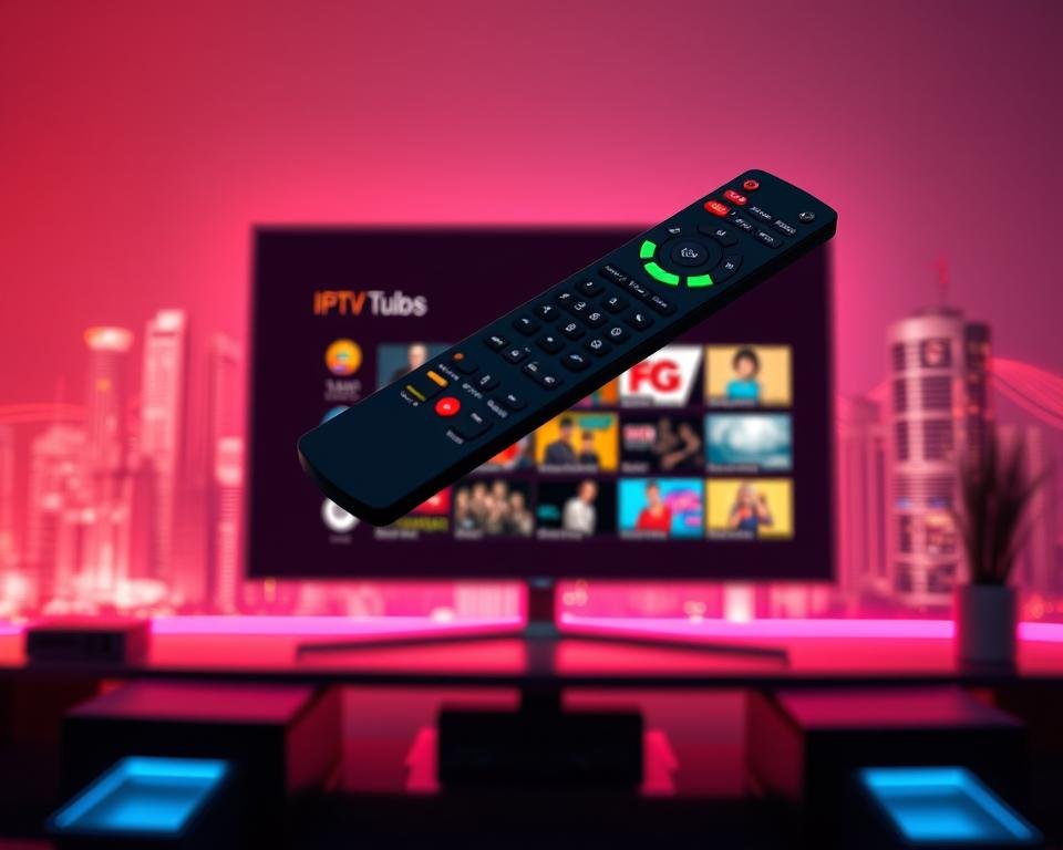 A futuristic and visually striking image of IPTV special features. In the foreground, a sleek and modern IPTV remote control hovers, its buttons glowing with vibrant colors. The middle ground depicts a crisp, high-definition display showcasing a range of IPTV services, from live TV channels to on-demand content, all rendered in a clean and minimalist interface. The background is a stylized, neon-infused cityscape, hinting at the global connectivity and advanced technology that powers the IPTV experience. The scene is illuminated by a warm, diffused lighting that creates a sense of depth and atmosphere, highlighting the cutting-edge features and seamless user experience of the IPTV system.