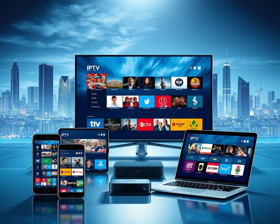 A futuristic digital landscape with various high-tech devices seamlessly displaying a diverse array of UK IPTV channels. The scene features a sleek, minimalist design with a cool, vibrant color palette. In the foreground, a cutting-edge smartphone, tablet, and smart TV are positioned prominently, their screens showcasing a vibrant selection of popular UK channels. The middle ground showcases a laptop and streaming box, further highlighting the device compatibility. In the background, a stunning cityscape with skyscrapers and a futuristic skyline sets the scene, emphasizing the modern, technology-driven nature of IPTV. The lighting is crisp, directional, and dramatic, casting shadows that accentuate the smooth, angular forms of the devices. The overall atmosphere conveys a sense of innovation, connectivity, and the seamless integration of IPTV across multiple platforms. A futuristic digital landscape with various high-tech devices seamlessly displaying a diverse array of UK IPTV channels. The scene features a sleek, minimalist design with a cool, vibrant color palette. In the foreground, a cutting-edge smartphone, tablet, and smart TV are positioned prominently, their screens showcasing a vibrant selection of popular UK channels. The middle ground showcases a laptop and streaming box, further highlighting the device compatibility. In the background, a stunning cityscape with skyscrapers and a futuristic skyline sets the scene, emphasizing the modern, technology-driven nature of IPTV. The lighting is crisp, directional, and dramatic, casting shadows that accentuate the smooth, angular forms of the devices. The overall atmosphere conveys a sense of innovation, connectivity, and the seamless integration of IPTV across multiple platforms.
