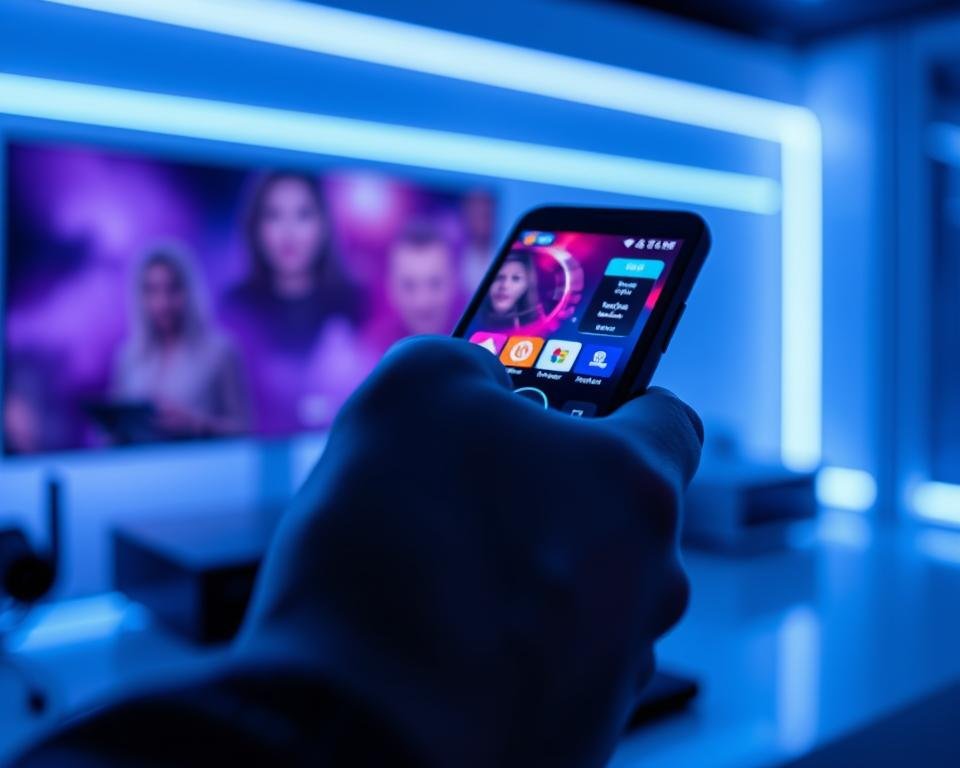 A high-contrast, cinematic image of a person's hand holding a remote control or smartphone, with a colorful, futuristic IPTV interface displayed on the device's screen. The scene is bathed in cool, blue-tinted lighting, creating a sleek, modern atmosphere. The background is blurred, with hints of a minimalist, high-tech setting. The composition emphasizes the ease and accessibility of accessing a free IPTV trial in the UK, conveying a sense of excitement and discovery. A high-contrast, cinematic image of a person's hand holding a remote control or smartphone, with a colorful, futuristic IPTV interface displayed on the device's screen. The scene is bathed in cool, blue-tinted lighting, creating a sleek, modern atmosphere. The background is blurred, with hints of a minimalist, high-tech setting. The composition emphasizes the ease and accessibility of accessing a free IPTV trial in the UK, conveying a sense of excitement and discovery.