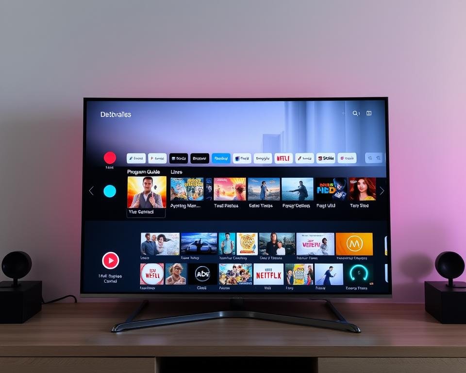 A high-definition IPTV interface with a sleek, modern design. The foreground features a clean, intuitive dashboard with crisp icons and vibrant colors, showcasing the user's personalized content selection. In the middle ground, a detailed program guide displays a wide range of live and on-demand channels, with seamless navigation and smooth transitions. The background encompasses a subtle, elegant gradient that creates a sense of depth and sophistication, complementing the overall interface. The lighting is natural and evenly distributed, highlighting the interface's clarity and responsiveness. The camera angle is slightly elevated, providing a comprehensive view of the user-friendly layout and the engaging multimedia experience.