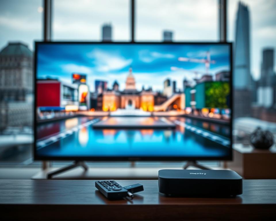 A high-definition digital display showcases the premium quality of IPTV streaming in the UK. In the foreground, a sleek, modern television set displays crystal-clear video with vibrant colors and deep contrast. Surrounding the screen, a minimalist black frame and a subtle glow of soft lighting create a sense of elevated sophistication. In the middle ground, a remote control and a streaming device hint at the seamless integration of technology. The background features a blurred cityscape, hinting at the boundless access to content and the convenience of on-demand viewing from the comfort of one's home. A high-definition digital display showcases the premium quality of IPTV streaming in the UK. In the foreground, a sleek, modern television set displays crystal-clear video with vibrant colors and deep contrast. Surrounding the screen, a minimalist black frame and a subtle glow of soft lighting create a sense of elevated sophistication. In the middle ground, a remote control and a streaming device hint at the seamless integration of technology. The background features a blurred cityscape, hinting at the boundless access to content and the convenience of on-demand viewing from the comfort of one's home.