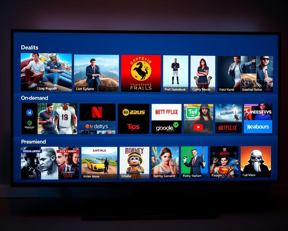 A high-definition, ultra-realistic rendering of a diverse array of television channels and content, captured within a modern and sleek user interface. The image showcases a vibrant, 4K-quality display featuring a curated selection of popular live TV channels, on-demand movies, sports events, and premium entertainment options. Crisp, color-rich visuals convey the exceptional picture quality and immersive viewing experience of the Xtreme HD UK IPTV service. Elegant typography and iconography complement the sophisticated, cutting-edge design, creating an aesthetic that exudes professionalism and technological sophistication. Soft, directional lighting casts a warm, inviting glow, heightening the sense of a premium, premium-grade streaming platform. Captured from a slightly elevated perspective to emphasize the clean, minimalist layout and ease of navigation.