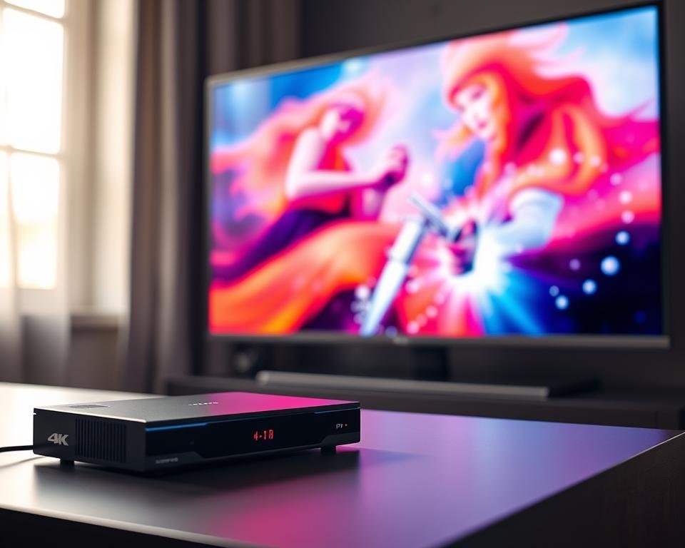 A high-quality 4K IPTV streaming setup, with a sleek black media player and a modern TV screen showcasing vibrant, crystal-clear video playback. Soft lighting from a side window casts a warm glow, accentuating the sharp details and smooth motion of the content. The scene exudes a sense of technological sophistication and immersive entertainment, capturing the seamless and reliable performance of a premium IPTV service. A high-quality 4K IPTV streaming setup, with a sleek black media player and a modern TV screen showcasing vibrant, crystal-clear video playback. Soft lighting from a side window casts a warm glow, accentuating the sharp details and smooth motion of the content. The scene exudes a sense of technological sophistication and immersive entertainment, capturing the seamless and reliable performance of a premium IPTV service.