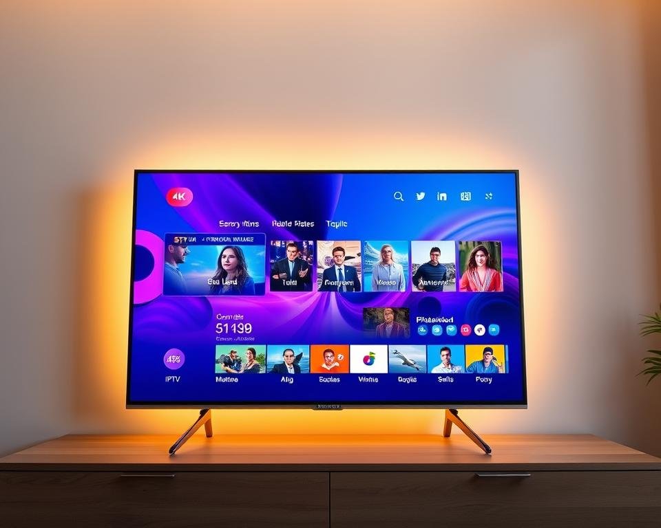 A high-quality 4K video display showcasing a vibrant and crisp IPTV service interface. The screen is set against a minimalist, softly-lit background, casting a warm glow on the display. The user interface features sharp, intuitive icons and menus, with a clean and visually appealing design. The video content itself is rendered in vivid, lifelike colors and detailed resolution, highlighting the superior picture quality of the IPTV service. The overall scene conveys a sense of premium, reliable entertainment at the user's fingertips. A high-quality 4K video display showcasing a vibrant and crisp IPTV service interface. The screen is set against a minimalist, softly-lit background, casting a warm glow on the display. The user interface features sharp, intuitive icons and menus, with a clean and visually appealing design. The video content itself is rendered in vivid, lifelike colors and detailed resolution, highlighting the superior picture quality of the IPTV service. The overall scene conveys a sense of premium, reliable entertainment at the user's fingertips.