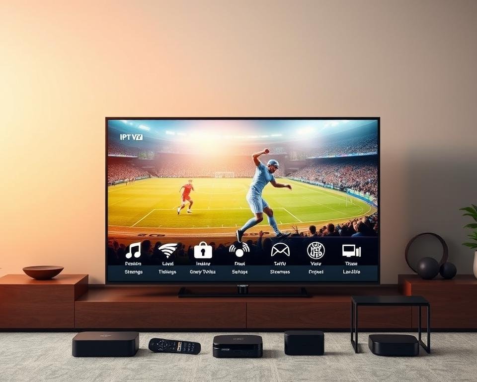 A high-quality IPTV service with a sleek, modern interface and crisp, high-definition video playback. The foreground features a large smart TV displaying a vibrant, crystal-clear image of a live sports event, surrounded by a minimalist, streamlined control panel. The middle ground showcases various streaming device icons, each representing seamless connectivity and compatibility across platforms. In the background, a subtle, gradient-based city skyline creates a sense of urban sophistication, complementing the advanced technological theme. Warm, natural lighting casts a gentle glow, enhancing the overall premium quality and performance of the IPTV service. A high-quality IPTV service with a sleek, modern interface and crisp, high-definition video playback. The foreground features a large smart TV displaying a vibrant, crystal-clear image of a live sports event, surrounded by a minimalist, streamlined control panel. The middle ground showcases various streaming device icons, each representing seamless connectivity and compatibility across platforms. In the background, a subtle, gradient-based city skyline creates a sense of urban sophistication, complementing the advanced technological theme. Warm, natural lighting casts a gentle glow, enhancing the overall premium quality and performance of the IPTV service.