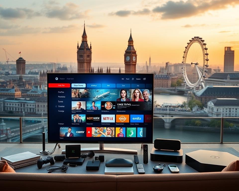 A high-quality IPTV streaming service in the UK, showcased against a backdrop of the iconic British skyline. The foreground features a sleek, modern smart TV displaying a vibrant, crystal-clear IPTV interface with a wide selection of live TV channels and on-demand content. The middle ground includes various smart devices, remote controls, and accessories associated with IPTV, all expertly arranged to convey the convenience and versatility of the service. The background depicts a panoramic view of the London cityscape, with landmarks like the Big Ben clock tower and the London Eye Ferris wheel, bathed in a warm, golden hour lighting that creates a sense of prestige and sophistication. The overall composition highlights the best-in-class IPTV experience tailored for the UK market.