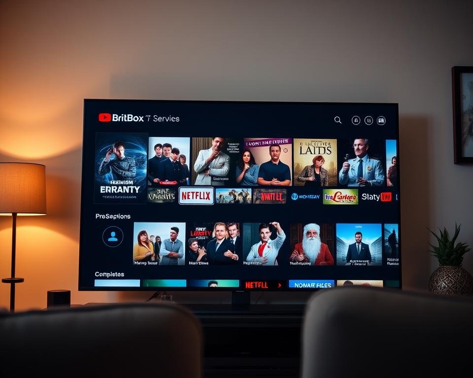 A high-quality, cinematic image of a modern IPTV service interface showcasing a selection of premium British TV content from BritBox. The interface features a sleek, dark user interface with vibrant, colorful thumbnails and icons highlighting various TV shows, movies, and other media from the BritBox catalog. The scene is lit by a warm, soft light, creating a cozy, immersive atmosphere. The camera angle is slightly elevated, providing a clear, unobstructed view of the interface. The overall composition is balanced and visually appealing, effectively conveying the idea of a premium, content-focused IPTV service catering to UK viewers.