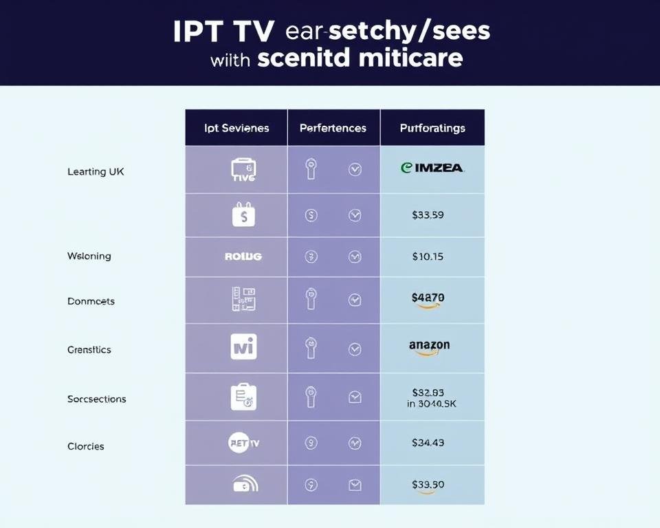 A high-quality comparison of IPTV services in the UK, showcasing the key features and performance metrics of leading providers. Captured in a sleek, modern style with a clean, minimalist layout. The image should feature a dynamic arrangement of relevant icons, data visualizations, and service logos, highlighting the objective, data-driven nature of the comparison. The color palette should convey a sense of professionalism and authority, with a subtle gradient or textural background to add depth and visual interest. Optimal lighting and camera angle to create a sense of depth and balance, drawing the viewer's attention to the key information presented.
