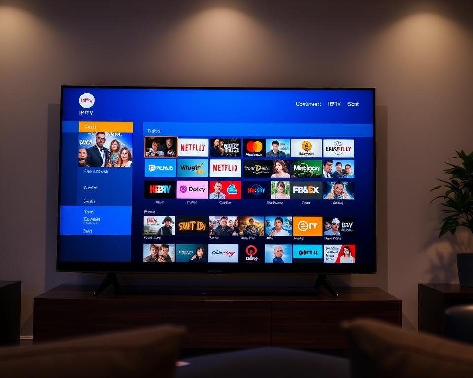 A high-quality, detailed IPTV channel lineup displayed on a sleek, modern TV screen. The screen is positioned in a well-lit living room setting, with soft, directional lighting creating depth and highlighting the on-screen content. The channel lineup is presented in a clean, organized grid layout, showcasing a wide variety of entertainment options across different genres and categories. The overall scene conveys a sense of focus, clarity, and an effortless, premium streaming experience.