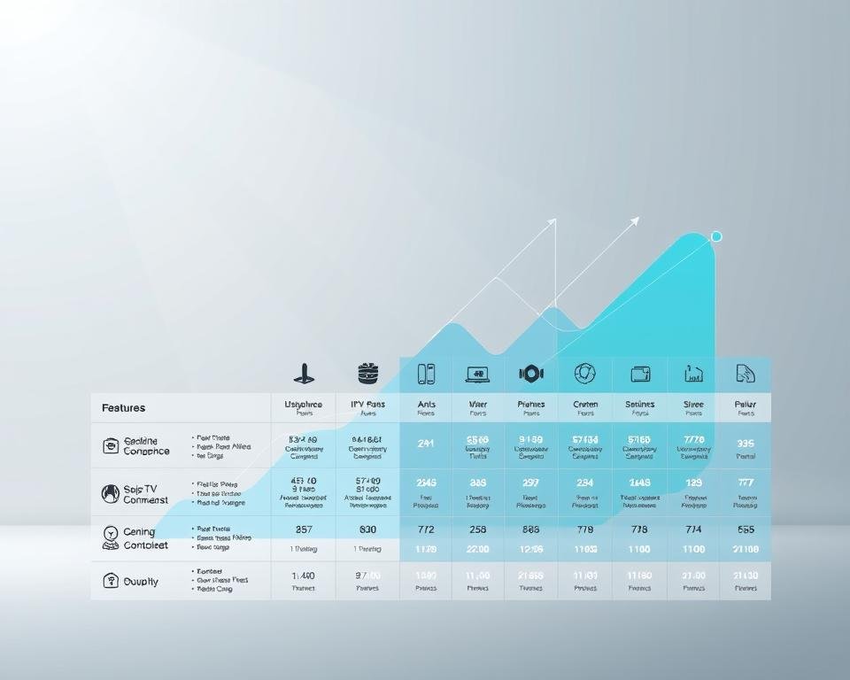 A high-quality, detailed comparison of leading IPTV service providers, showcased in a sleek, minimalist infographic style. The foreground features neatly arranged icons and data points for each service, including features, pricing, and customer ratings. The middle ground depicts abstract geometric shapes and lines in a cool color palette, creating a sense of technological sophistication. The background is a subtle gradient, allowing the infographic elements to take center stage. Crisp lighting from the top left casts sharp shadows, emphasizing the three-dimensional depth. The overall mood is professional, informative, and visually striking, perfectly suited to illustrate a competitive analysis section.