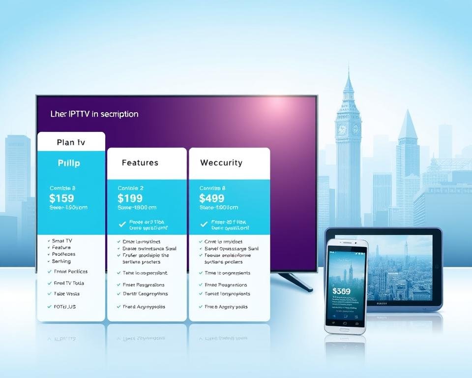 A high-quality, detailed illustration of UK IPTV subscription plans. The foreground features a sleek, modern interface displaying different plan options with pricing, features, and benefits. The middle ground showcases various devices (smart TV, smartphone, tablet) accessing the IPTV service, highlighting its cross-platform accessibility. The background depicts a cityscape of the UK, representing the domestic market. The lighting is bright and crisp, with a cool color palette to convey a professional, trustworthy atmosphere. The composition emphasizes the value proposition of the IPTV plans through clear, legible information and visually engaging imagery. A high-quality, detailed illustration of UK IPTV subscription plans. The foreground features a sleek, modern interface displaying different plan options with pricing, features, and benefits. The middle ground showcases various devices (smart TV, smartphone, tablet) accessing the IPTV service, highlighting its cross-platform accessibility. The background depicts a cityscape of the UK, representing the domestic market. The lighting is bright and crisp, with a cool color palette to convey a professional, trustworthy atmosphere. The composition emphasizes the value proposition of the IPTV plans through clear, legible information and visually engaging imagery.
