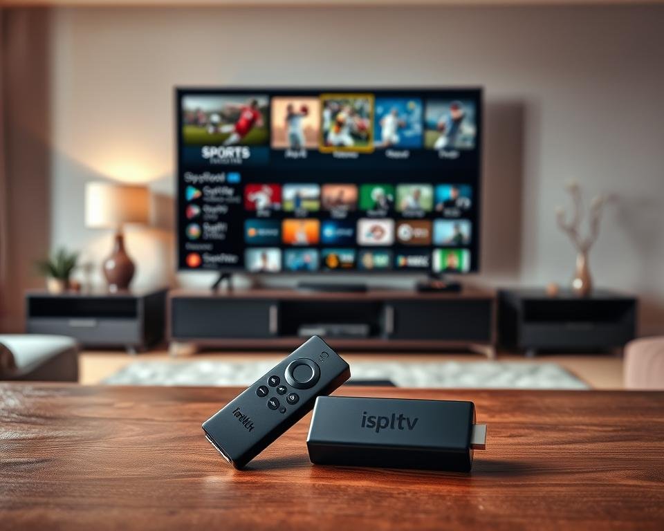 A high-quality, detailed image of a Firestick device displaying a variety of sports-focused IPTV channels. The Firestick is placed on a wooden surface in the foreground, casting a soft shadow. The middle ground features a sleek, modern living room setup with a large flat-screen TV and minimal decor. The background showcases a warm, cozy atmosphere with soft lighting and muted colors, creating a comfortable, inviting environment. The overall scene conveys the idea of a sports enthusiast enjoying a wide range of live sports content on their Firestick-powered IPTV service.