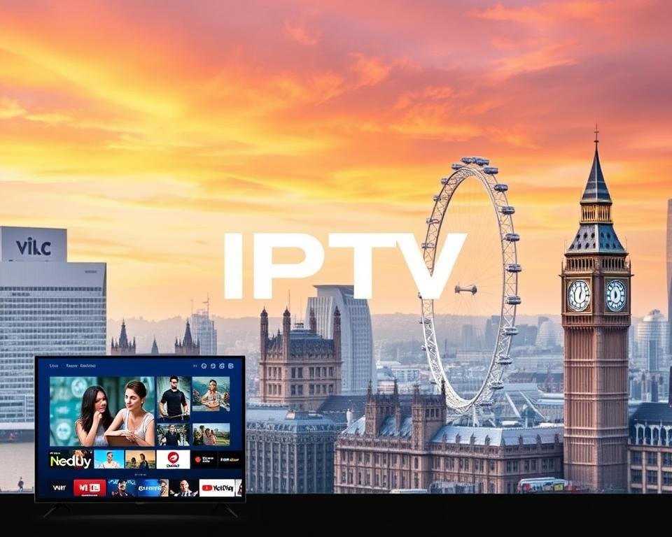 A high-quality, high-definition image of a modern, professional-looking IPTV service provider in the UK. The foreground features a clean, minimalist user interface showcasing the wide range of live TV channels and on-demand content available, with sleek icons and a simple color scheme. The middle ground displays a large, prominent logo or brand name, conveying the company's reliability and credibility. The background depicts a cityscape of London's iconic landmarks, such as the Big Ben and the London Eye, under a vibrant, warm-toned sky with subtle lens flare effects, creating an aspirational, metropolitan atmosphere. The overall composition should be well-balanced, visually appealing, and effectively communicate the comprehensive service offering of a top IPTV provider in the UK. A high-quality, high-definition image of a modern, professional-looking IPTV service provider in the UK. The foreground features a clean, minimalist user interface showcasing the wide range of live TV channels and on-demand content available, with sleek icons and a simple color scheme. The middle ground displays a large, prominent logo or brand name, conveying the company's reliability and credibility. The background depicts a cityscape of London's iconic landmarks, such as the Big Ben and the London Eye, under a vibrant, warm-toned sky with subtle lens flare effects, creating an aspirational, metropolitan atmosphere. The overall composition should be well-balanced, visually appealing, and effectively communicate the comprehensive service offering of a top IPTV provider in the UK.