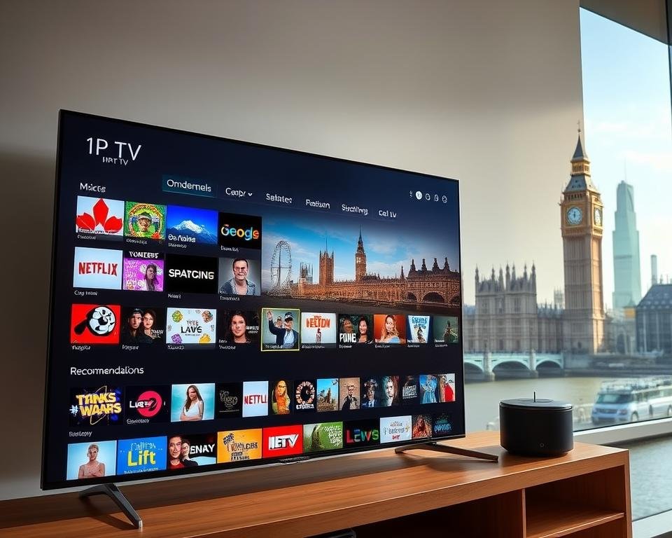 A high-quality image depicting a comprehensive IPTV content library in the UK. The foreground features a sleek, modern IPTV interface showcasing a diverse selection of live TV channels, on-demand movies, TV shows, and other media content. The middle ground presents neatly organized content categories and recommendations tailored to the user's preferences. The background depicts the iconic landmarks of the UK skyline, conveying a sense of locality and the availability of locally relevant programming. The lighting is soft and natural, creating a warm and inviting atmosphere. The overall composition is visually striking, highlighting the breadth and depth of the IPTV service's content offerings. A high-quality image depicting a comprehensive IPTV content library in the UK. The foreground features a sleek, modern IPTV interface showcasing a diverse selection of live TV channels, on-demand movies, TV shows, and other media content. The middle ground presents neatly organized content categories and recommendations tailored to the user's preferences. The background depicts the iconic landmarks of the UK skyline, conveying a sense of locality and the availability of locally relevant programming. The lighting is soft and natural, creating a warm and inviting atmosphere. The overall composition is visually striking, highlighting the breadth and depth of the IPTV service's content offerings.