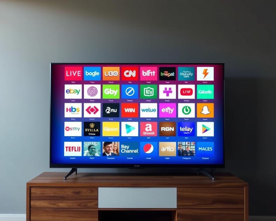 A high-quality image of various UK live television channels displayed on a modern flat-screen TV set, placed on a wooden entertainment unit against a minimalist gray wall background. The screen shows a diverse array of channel logos and program thumbnails, capturing the breadth of content available on UK television. The lighting is soft and natural, highlighting the sleek, high-tech design of the TV. The camera angle is slightly elevated, providing a clean, unobstructed view of the scene. The overall composition conveys a sense of informative, visually engaging presentation suitable for an article on IPTV and UK television programming.