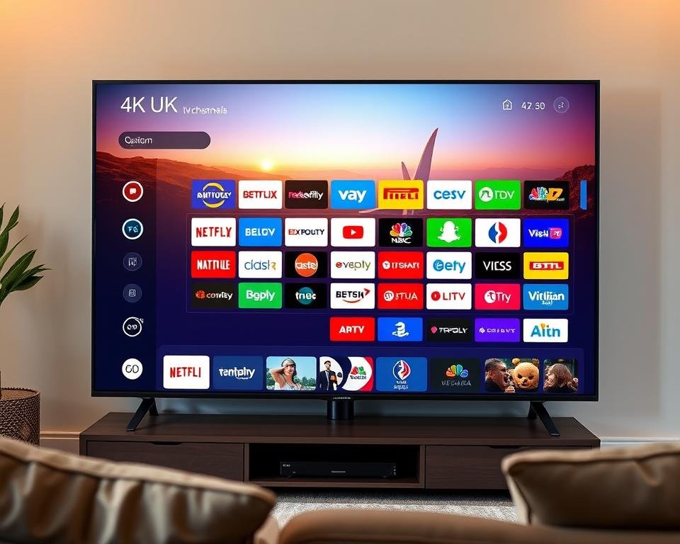 A high-quality modern IPTV service interface on a 4K UHD smart TV, showcasing a wide array of international channels from the UK. The screen displays a visually appealing grid layout with crisp, vibrant channel logos, accompanied by streamlined menus and intuitive controls. The living room setting is well-lit with warm, natural lighting, creating a cozy and immersive viewing experience. The image conveys a sense of technological sophistication and global connectivity, reflecting the comprehensive nature of the IPTV service.