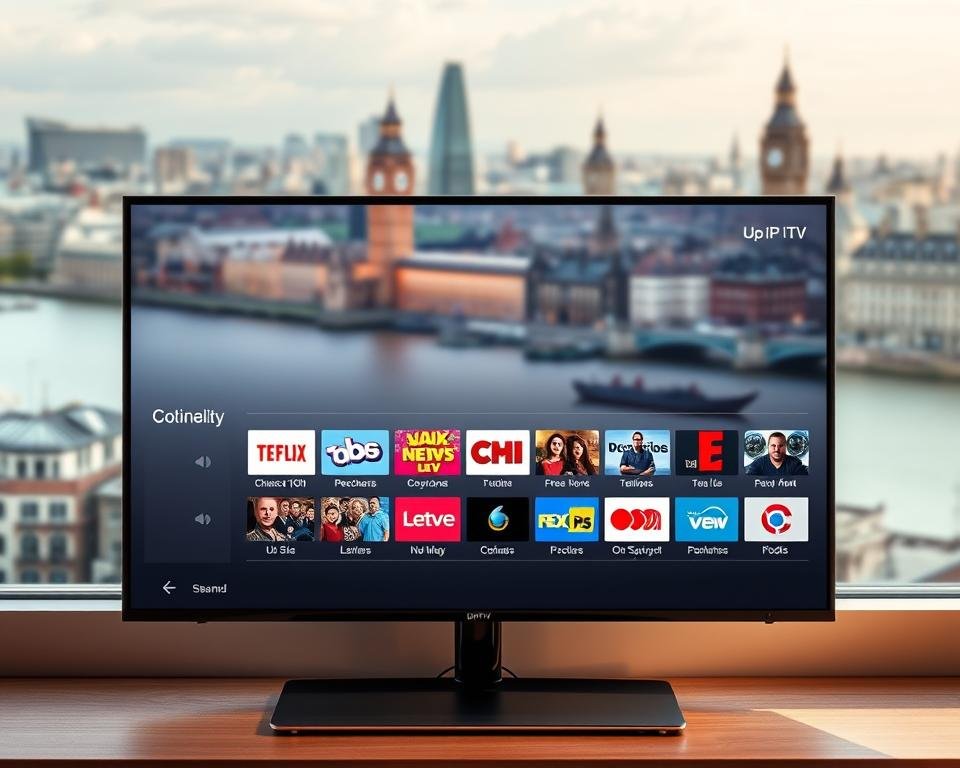 A high-quality, photorealistic image of a sleek, modern IPTV interface showcasing a variety of UK television channels. The foreground features a stylish, minimalist on-screen display with crisp, vibrant channel logos and thumbnails. The middle ground depicts a range of genre-specific channel categories, elegantly arranged in a grid layout. In the background, a soft, out-of-focus cityscape of London's iconic landmarks creates a sense of place. The overall scene is bathed in warm, natural lighting, conveying a welcoming and user-friendly ambiance. The composition and color palette are designed to highlight the clean, intuitive, and visually appealing nature of the IPTV user experience. A high-quality, photorealistic image of a sleek, modern IPTV interface showcasing a variety of UK television channels. The foreground features a stylish, minimalist on-screen display with crisp, vibrant channel logos and thumbnails. The middle ground depicts a range of genre-specific channel categories, elegantly arranged in a grid layout. In the background, a soft, out-of-focus cityscape of London's iconic landmarks creates a sense of place. The overall scene is bathed in warm, natural lighting, conveying a welcoming and user-friendly ambiance. The composition and color palette are designed to highlight the clean, intuitive, and visually appealing nature of the IPTV user experience.