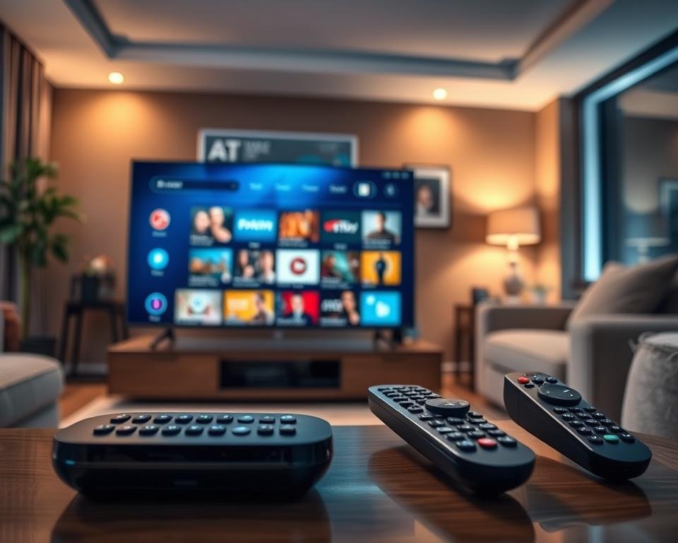 A high-quality, photorealistic image of an IPTV service in the UK. In the foreground, a sleek, modern smart TV or streaming device prominently displays the IPTV service's user interface, showcasing its intuitive navigation and rich content library. The middle ground features various remote controls, highlighting the ease of access and control. In the background, a cozy living room setting with plush furniture and ambient lighting creates a comfortable, inviting atmosphere for enjoying the IPTV experience. The image conveys the reliability, versatility, and user-friendliness of the IPTV service, reflecting the "Key Features of Our IPTV Service" section of the article.