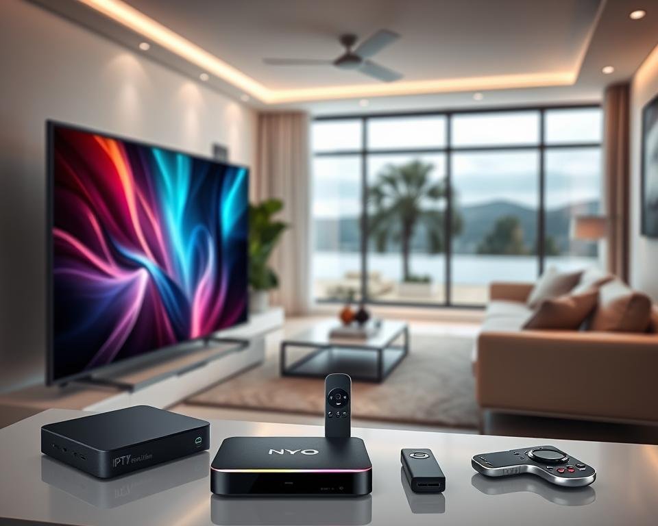 A high-quality, professional photograph of the benefits of a premium IPTV UK service. In the foreground, a sleek, modern smart TV displaying a vivid, high-definition image. In the middle ground, various streaming devices such as a set-top box, dongle, and mobile device, showcasing the diverse compatibility. The background features a clean, minimalist living room setting with modern furnishings, subtle lighting, and a large window overlooking a scenic outdoor view. The overall mood is one of sophistication, technology, and the seamless integration of premium entertainment into the home environment. A high-quality, professional photograph of the benefits of a premium IPTV UK service. In the foreground, a sleek, modern smart TV displaying a vivid, high-definition image. In the middle ground, various streaming devices such as a set-top box, dongle, and mobile device, showcasing the diverse compatibility. The background features a clean, minimalist living room setting with modern furnishings, subtle lighting, and a large window overlooking a scenic outdoor view. The overall mood is one of sophistication, technology, and the seamless integration of premium entertainment into the home environment.