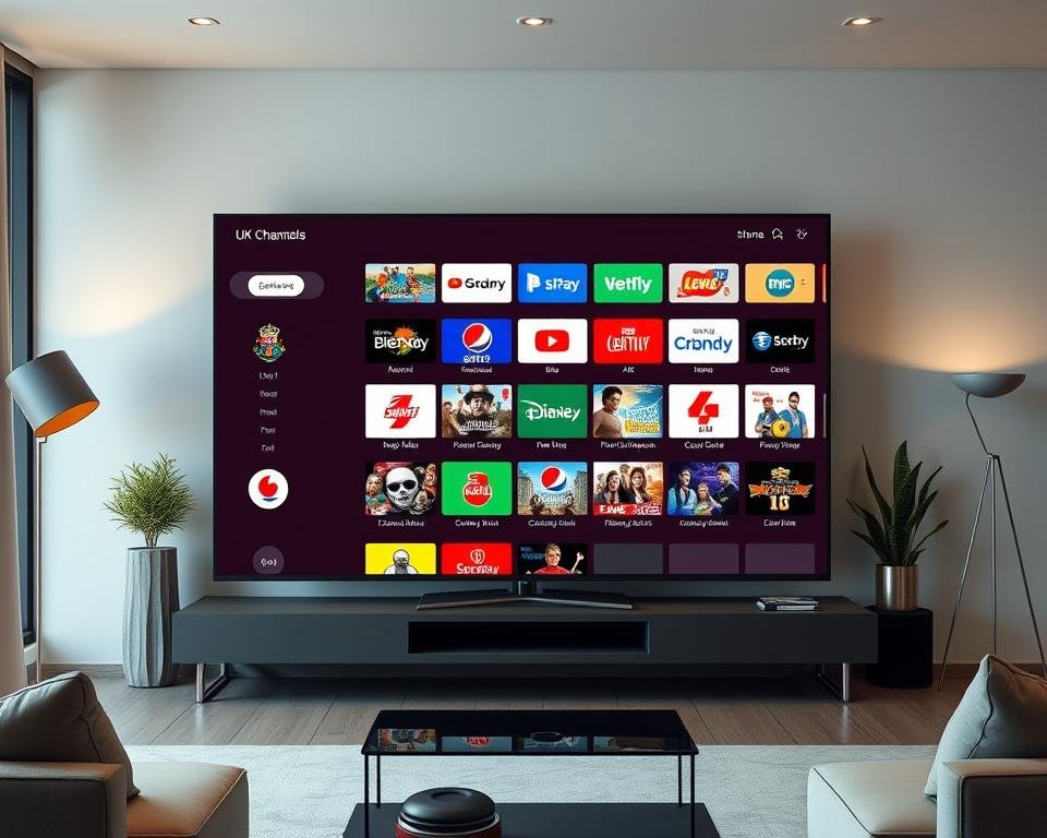 A high-quality, realistic image of a modern IPTV service interface showcasing various UK television channels. The interface is presented on a large, sleek display in a contemporary living room setting. The channels are organized neatly in a grid layout, with clear icons and crisp, vibrant visuals. Subtle lighting from floor lamps and a large window creates a warm, inviting atmosphere. The room features minimalist furniture and decor, allowing the IPTV interface to be the central focus. The overall scene conveys a sense of comfort, technology, and entertainment, reflecting the premium nature of the IPTV service. A high-quality, realistic image of a modern IPTV service interface showcasing various UK television channels. The interface is presented on a large, sleek display in a contemporary living room setting. The channels are organized neatly in a grid layout, with clear icons and crisp, vibrant visuals. Subtle lighting from floor lamps and a large window creates a warm, inviting atmosphere. The room features minimalist furniture and decor, allowing the IPTV interface to be the central focus. The overall scene conveys a sense of comfort, technology, and entertainment, reflecting the premium nature of the IPTV service.