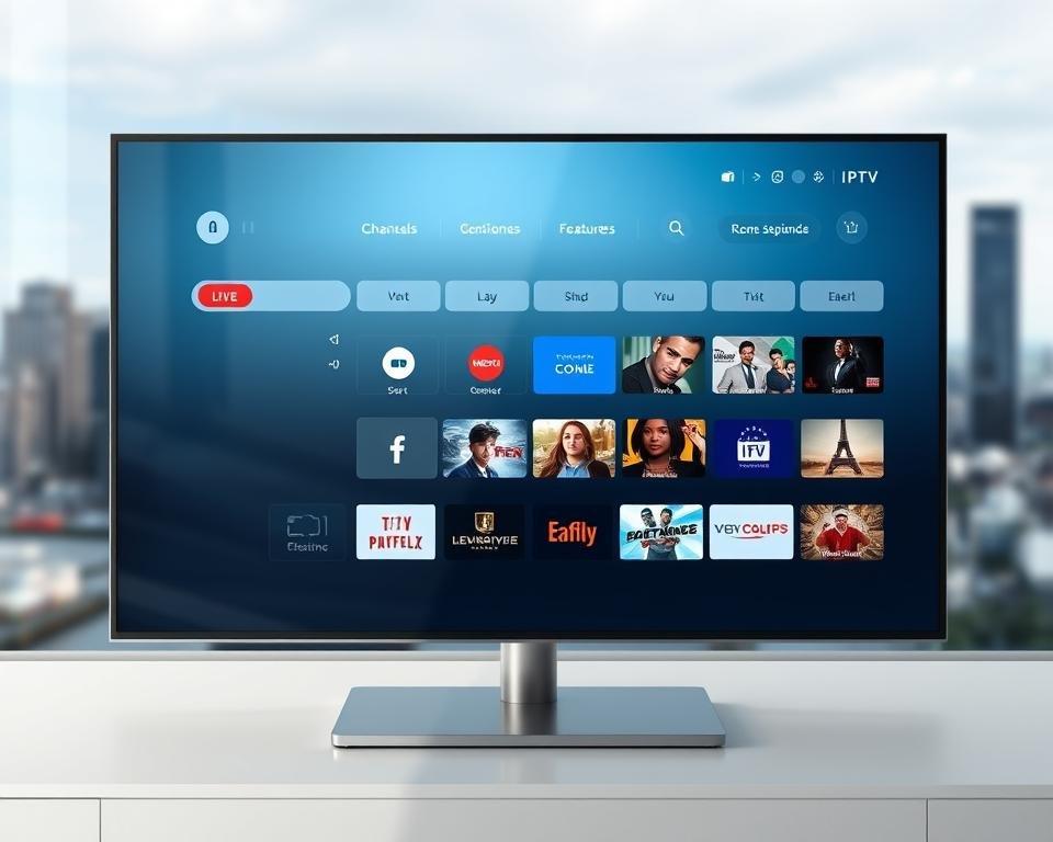 A high-quality rendering of a modern, sleek IPTV service interface, showcasing its user-friendly design and feature-rich capabilities. The screen displays a clean, minimalist dashboard with intuitive navigation menus, highlighting the seamless integration of live TV channels, on-demand content, and personalized recommendations. The interface exudes a sense of premium quality, with a sophisticated color palette of blues, grays, and subtle highlights that convey the service's high-performance and reliability. The background features a blurred cityscape, hinting at the global reach and advanced infrastructure powering the IPTV platform. The overall scene reflects the Falcon IPTV service's commitment to providing a best-in-class streaming experience for users in the UK.