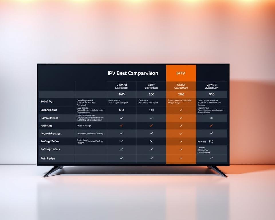 A high-quality, stylish comparison table showcasing the best IPTV subscription plans in the UK. The table is set against a sleek, modern background, with a clean, minimalist design. The plan details are presented in a clear, organized manner, with relevant information such as channel count, price, and features. The table is illuminated by warm, directional lighting, creating a premium, high-end look. The overall composition conveys a sense of professionalism and attention to detail, reflecting the article's focus on elevating the TV experience with premium IPTV options. A high-quality, stylish comparison table showcasing the best IPTV subscription plans in the UK. The table is set against a sleek, modern background, with a clean, minimalist design. The plan details are presented in a clear, organized manner, with relevant information such as channel count, price, and features. The table is illuminated by warm, directional lighting, creating a premium, high-end look. The overall composition conveys a sense of professionalism and attention to detail, reflecting the article's focus on elevating the TV experience with premium IPTV options.