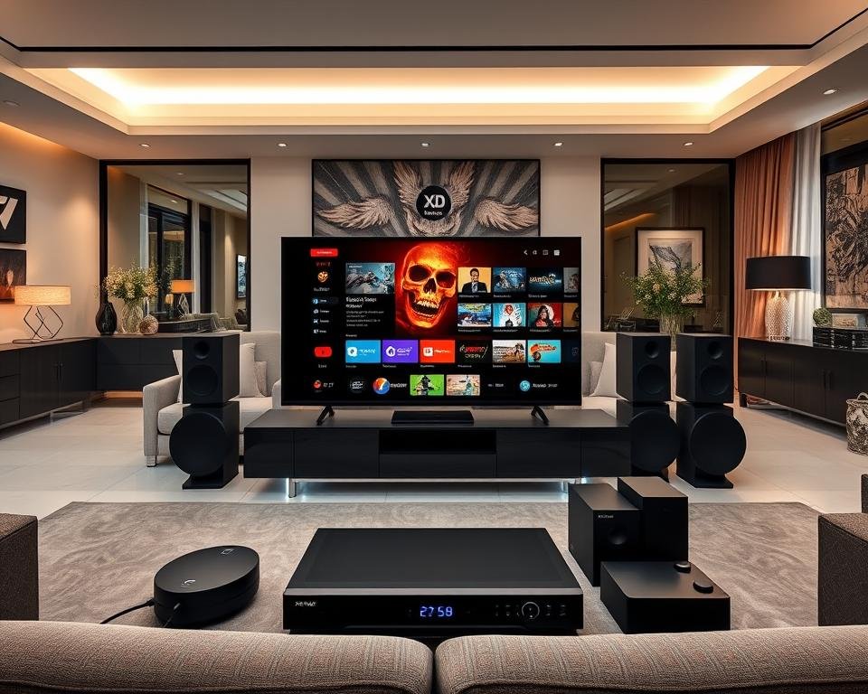 A high-quality, ultra-detailed, 8K, wide-angle photograph of an elegant and modern home entertainment setup showcasing the comprehensive features of Xtreme HD UK IPTV. In the foreground, a sleek black TV displays a vibrant, high-definition streaming interface. Surrounding it, various peripheral devices like a state-of-the-art media player, a sophisticated voice control assistant, and a surround sound system with premium speakers. In the middle ground, a minimalist entertainment console holds the components, complemented by ambient lighting and modern decor. The background features a spacious, stylishly decorated living room with large windows providing natural illumination. Overall, the scene conveys a luxurious, technologically advanced, and immersive home entertainment experience.