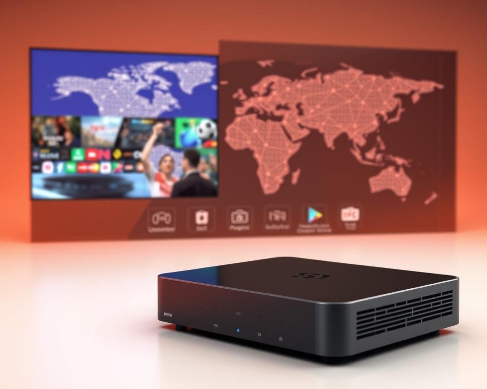 A high-quality, ultra-realistic 3D render of the key features of Xtreme HD IPTV UK service. In the foreground, a sleek, modern IPTV device with intuitive touch controls and a crisp, high-definition display showcasing the extensive live TV channel lineup. In the middle ground, a series of dynamic icons representing on-demand content, catch-up TV, and seamless integration with popular streaming services. In the background, a sophisticated network diagram illustrating the robust infrastructure and global content delivery system powering the Xtreme HD IPTV experience. The scene is illuminated by warm, directional lighting, creating depth and emphasizing the premium quality of the product. The overall aesthetic is clean, minimalist, and technologically advanced, capturing the essence of Xtreme HD IPTV UK's cutting-edge features.