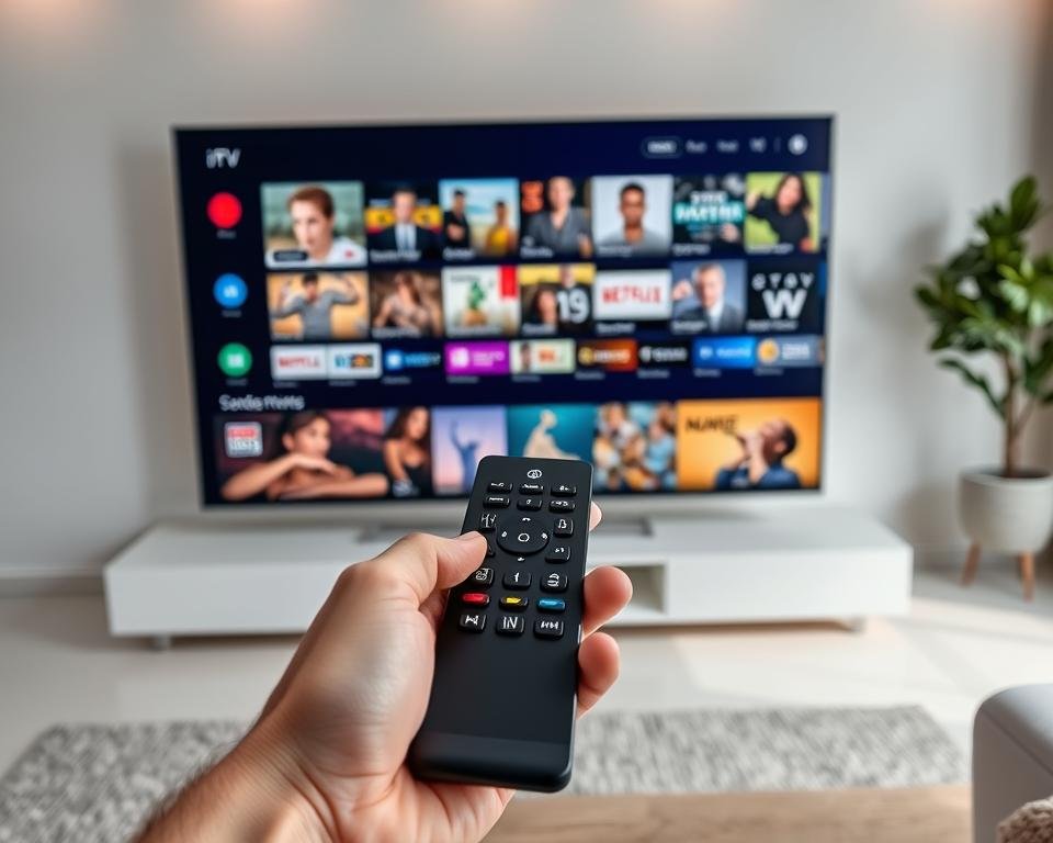 A high-quality, wide-angle shot of a modern IPTV service interface displayed on a large, sleek TV screen. The screen shows a grid layout with various content categories, including live TV channels, on-demand movies, TV shows, and sports events. The interface has a clean, minimalist design with vibrant colors, sharp contrast, and smooth animations. In the foreground, a hand holding a modern, high-end remote control is visible, highlighting the seamless user experience. The background features a minimalist, contemporary living room setting with neutral tones and subtle lighting, creating a cozy and immersive atmosphere for the IPTV service experience.