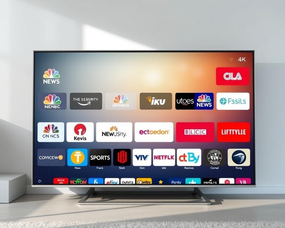 A high-resolution 4K television display showcasing a diverse lineup of contemporary UK television channels. The foreground features a sleek, minimalist TV set with a large, ultra-high-definition screen, surrounded by a clean, modern interior. The middle ground depicts the dynamic channel logos and graphics, effortlessly transitioning between popular news, entertainment, sports, and lifestyle programming. The background subtly fades into a soft, natural light, creating a sense of depth and emphasizing the clarity and vibrancy of the 4K display. The overall composition conveys a premium, immersive viewing experience that elevates the content selection and channel lineup for the UK IPTV audience.