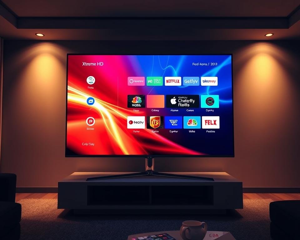 A high-resolution image of a sleek, modern television displaying the "Xtreme HD IPTV test package" interface. The screen is illuminated with vibrant, lifelike colors and sharp, detailed graphics. The television is positioned on a minimalist, chrome-finished stand against a backdrop of a dimly lit, contemporary living room. Soft, directional lighting from concealed sources casts a warm, inviting glow, creating a sense of premium quality and technological sophistication. The overall composition emphasizes the clarity and immersive viewing experience of the "Xtreme HD IPTV test package", reflecting its potential to deliver an exceptional home entertainment experience.